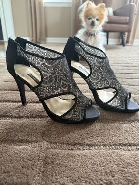 Caparros Black Lace Open-Toe Heels